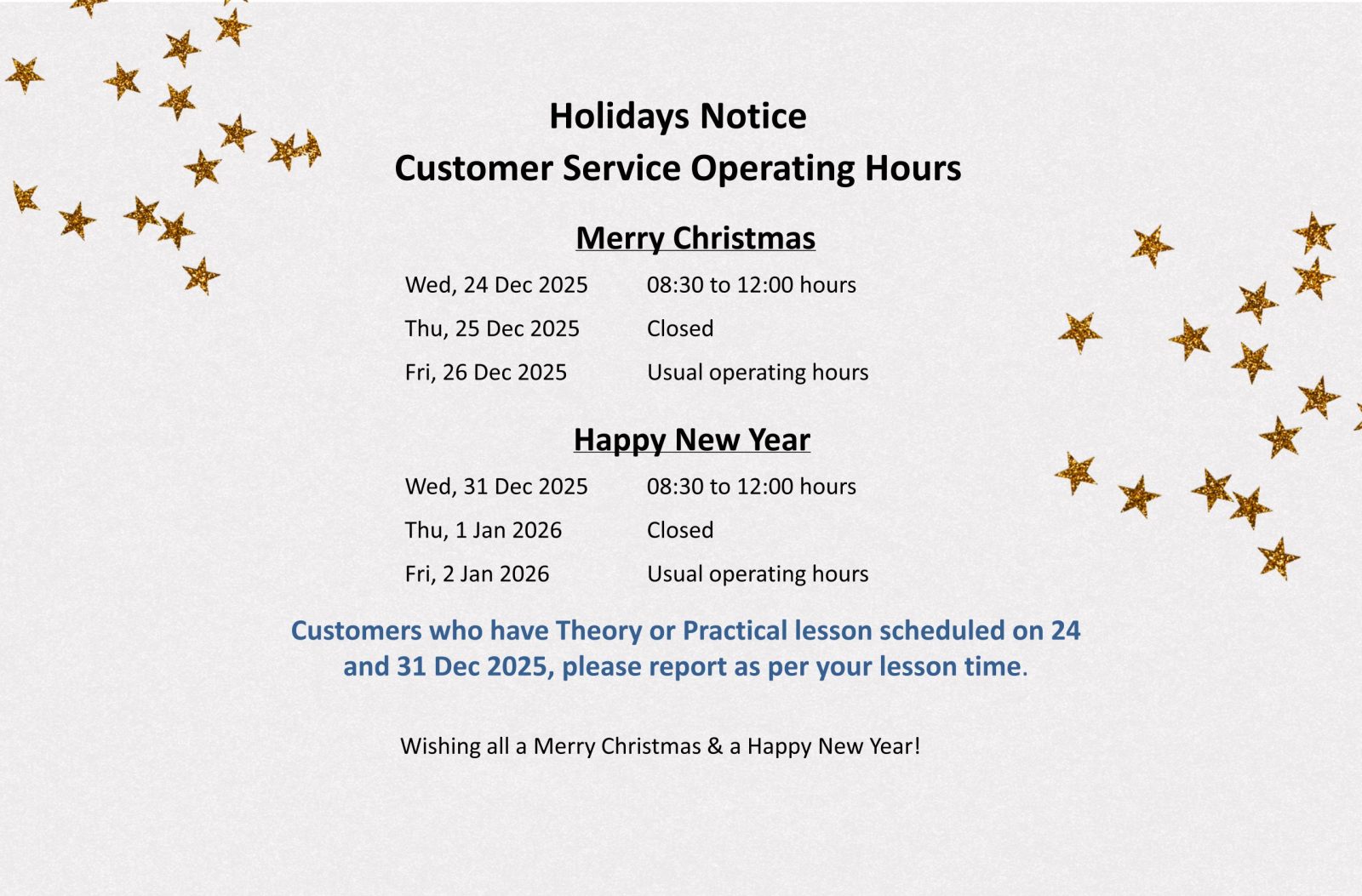 Holidays Notice for Christmas and New Year