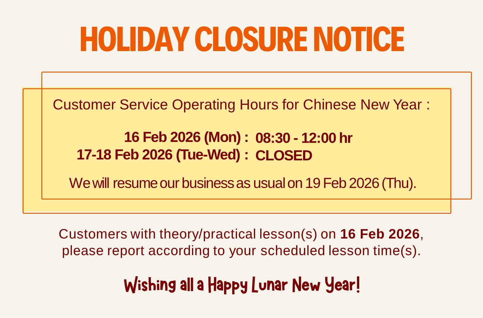 Holiday Notice for Chinese New Year